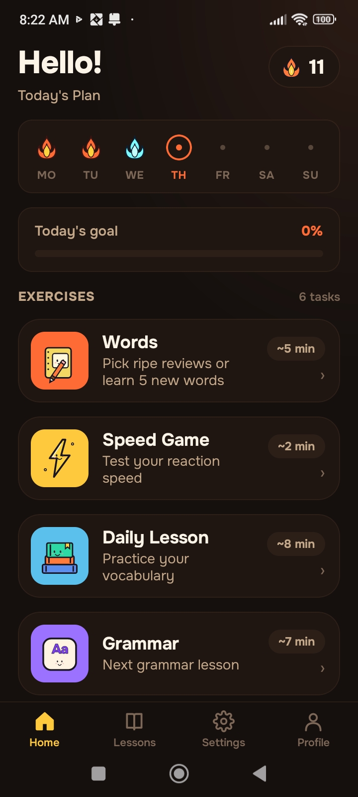 Lingavela home screen — today's plan, streak and daily exercises